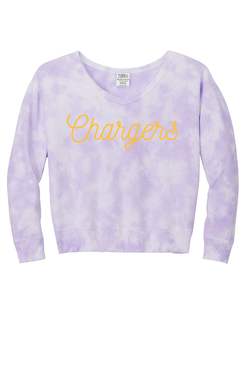 OLSH LADIES BEACH WASH TIE-DYE V-NECK SWEATSHIRT - PUFF PAINT SCRIPT DESIGN