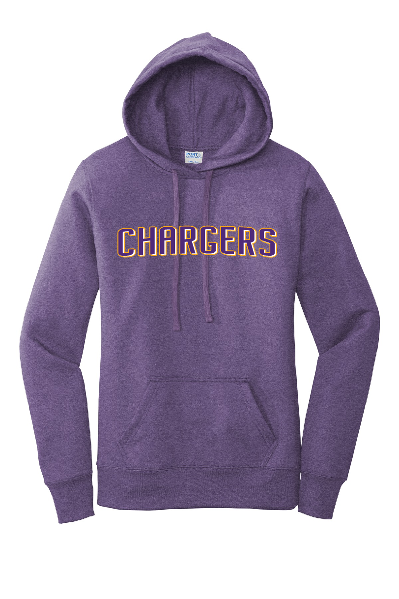 OLSH LADIES FIT CORE FLEECE HOODED SWEATSHIRT - PURPLE HEATHER WITH CHARGERS DESIGN