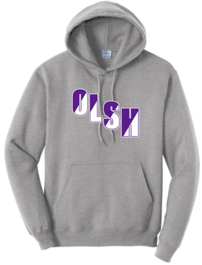 OLSH YOUTH & ADULT HOODED SWEATSHIRT - ATHLETIC HEATHER OR JET BLACK SPLIT DESIGN