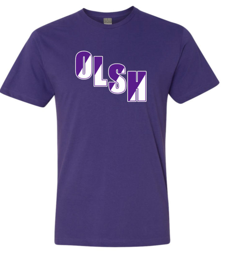 OLSH YOUTH & ADULT FINE COTTON JERSEY SHORT SLEEVE SPLIT DESIGN T-SHIRT - BLACK OR PURPLE