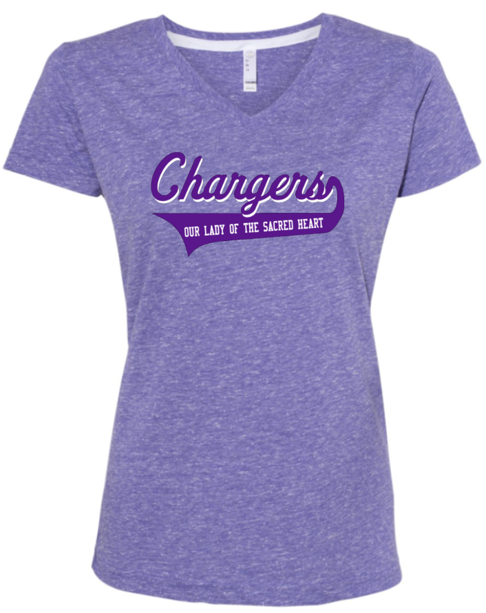 OLSH LADIES FIT MELANGE V-NECK T-SHIRT- CHARGERS SCRIPT DESIGN PURPLE MELANGE