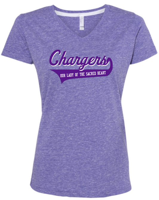 OLSH LADIES FIT MELANGE V-NECK T-SHIRT- CHARGERS SCRIPT DESIGN PURPLE MELANGE
