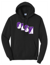 Load image into Gallery viewer, OLSH YOUTH &amp; ADULT HOODED SWEATSHIRT - ATHLETIC HEATHER OR JET BLACK SPLIT DESIGN
