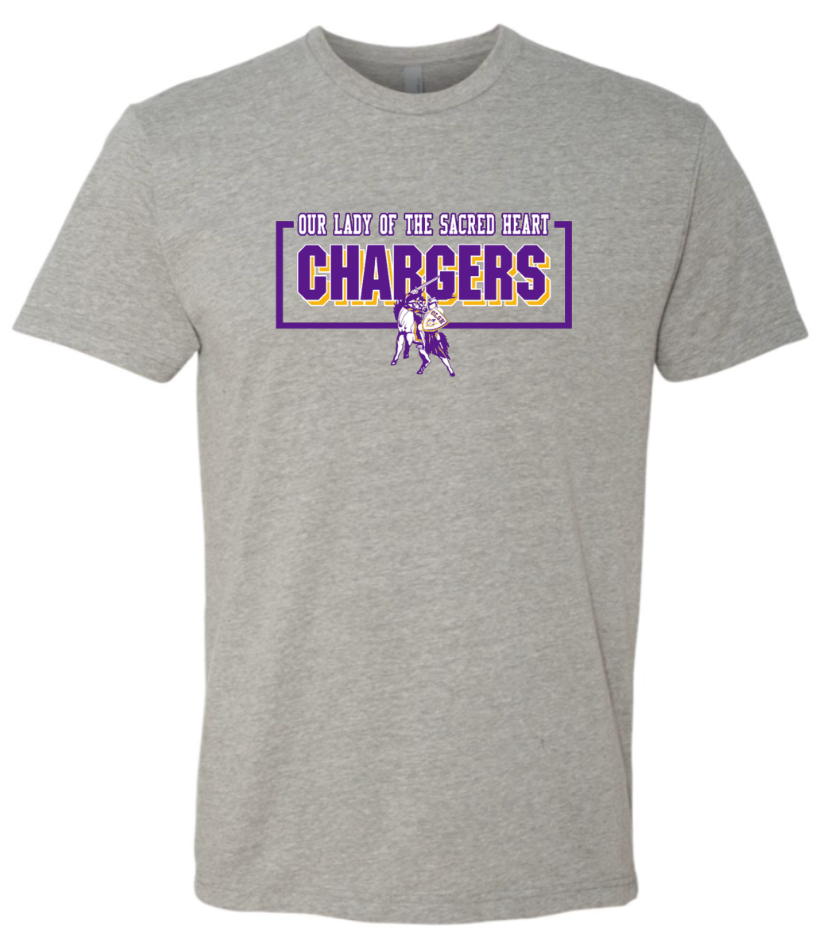 OLSH YOUTH & ADULT DARK HEATHER GREY COMBED RINGSPUN SHORTSLEEVE TEE - CHARGERS DESIGN